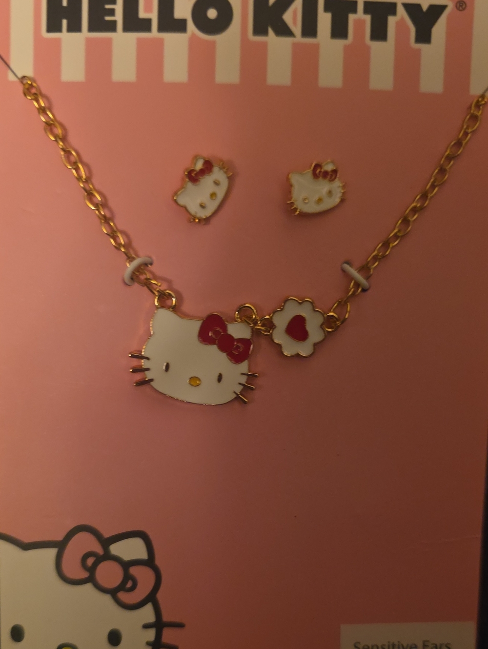 Hello Kitty Gold Tone Necklace and Earring Set — White and Red Accents Nwt